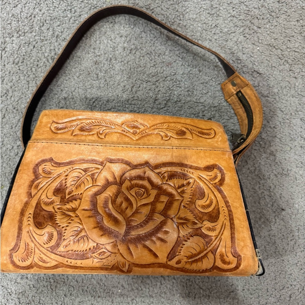 Elegant Tan Leather Handbag with Floral Design